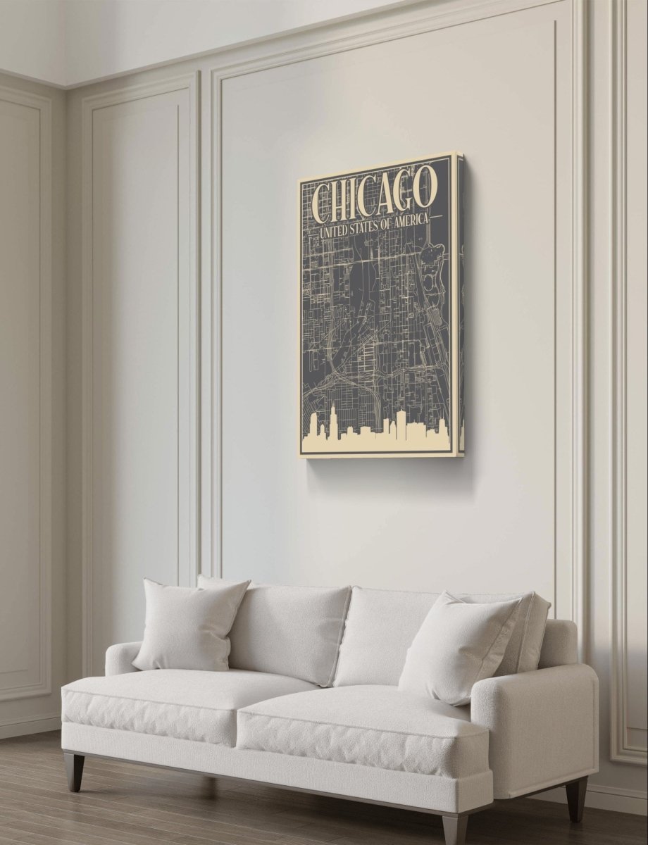 Retro Map of Chicago USA Aerial View Canvas Print Picture Wall Art - SPC282 - Art Fever - Art Fever