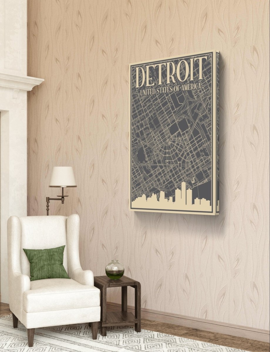 Retro Map of Detroit USA Canvas Print Picture Wall Art - SPC275 - Art Fever - Art Fever