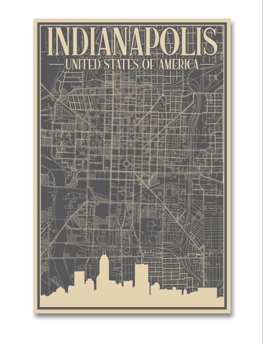 Retro Map of Indianapolis USA Aerial View Canvas Print Picture Wall Art - SPC281 - Art Fever - Art Fever