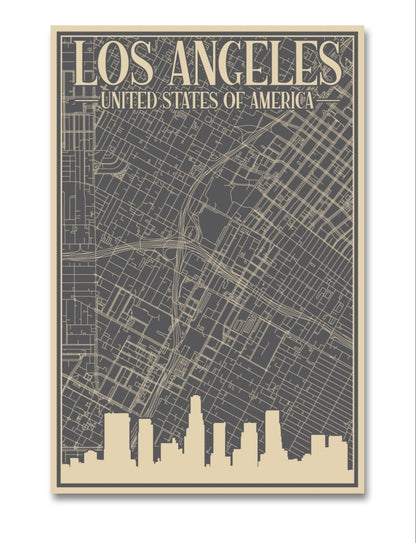 Retro Map of Los Angeles USA Aerial View Canvas Print Picture Wall Art - SPC278 - Art Fever - Art Fever