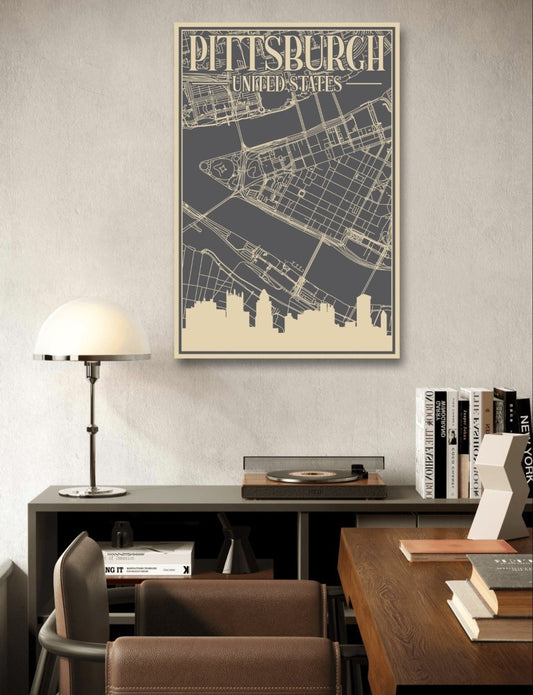 Retro Map of Pittsburgh USA Canvas Print Picture Wall Art - SPC276 - Art Fever - Art Fever