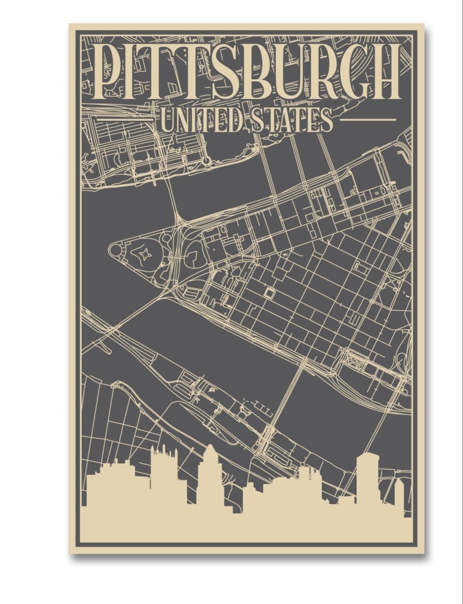 Retro Map of Pittsburgh USA Canvas Print Picture Wall Art - SPC276 - Art Fever - Art Fever