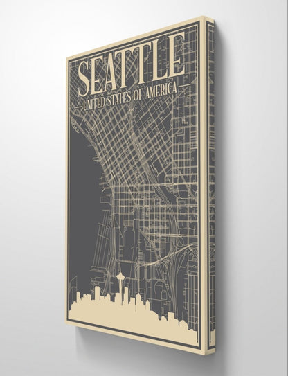 Retro Map of Seattle USA Canvas Print Picture Wall Art - SPC277 - Art Fever - Art Fever