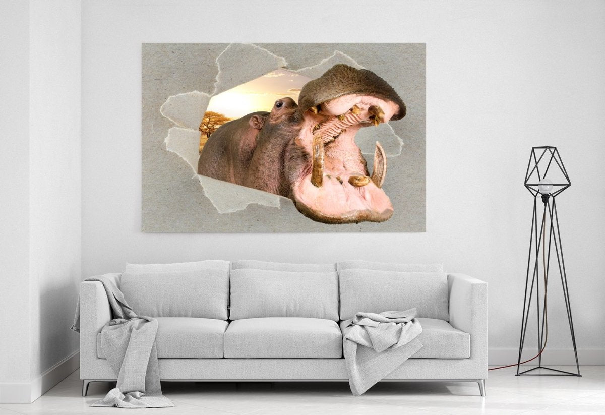 Roaring Hippo Peeking through the Canvas Animal Scene Printed Canvas Print Picture - SPC194 - Art Fever - Art Fever