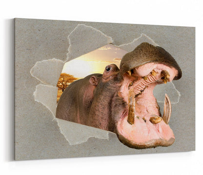 Roaring Hippo Peeking through the Canvas Animal Scene Printed Canvas Print Picture - SPC194 - Art Fever - Art Fever
