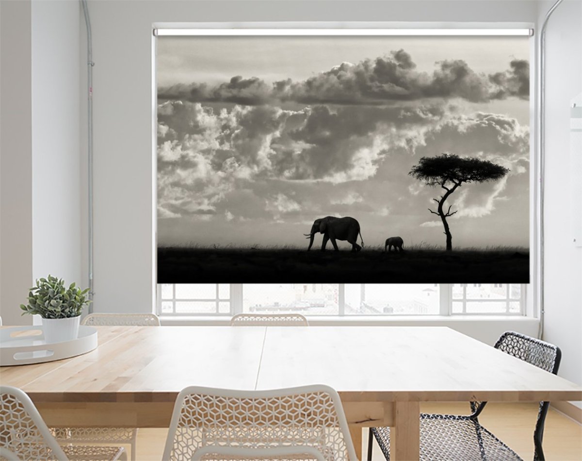 Safari Silhouette Elephant Wildlife Printed Picture Photo Roller Blind - 1X562527 - Art Fever - Art Fever