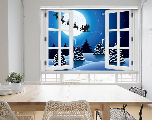 Santa Sleigh Ride Through the Window Printed Picture Photo Roller Blind - RB1053 - Art Fever - Art Fever