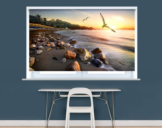 Seagulls flying over beach in Mediterranean sea at sunset Image Printed Roller Blind - RB971 - Art Fever - Art Fever