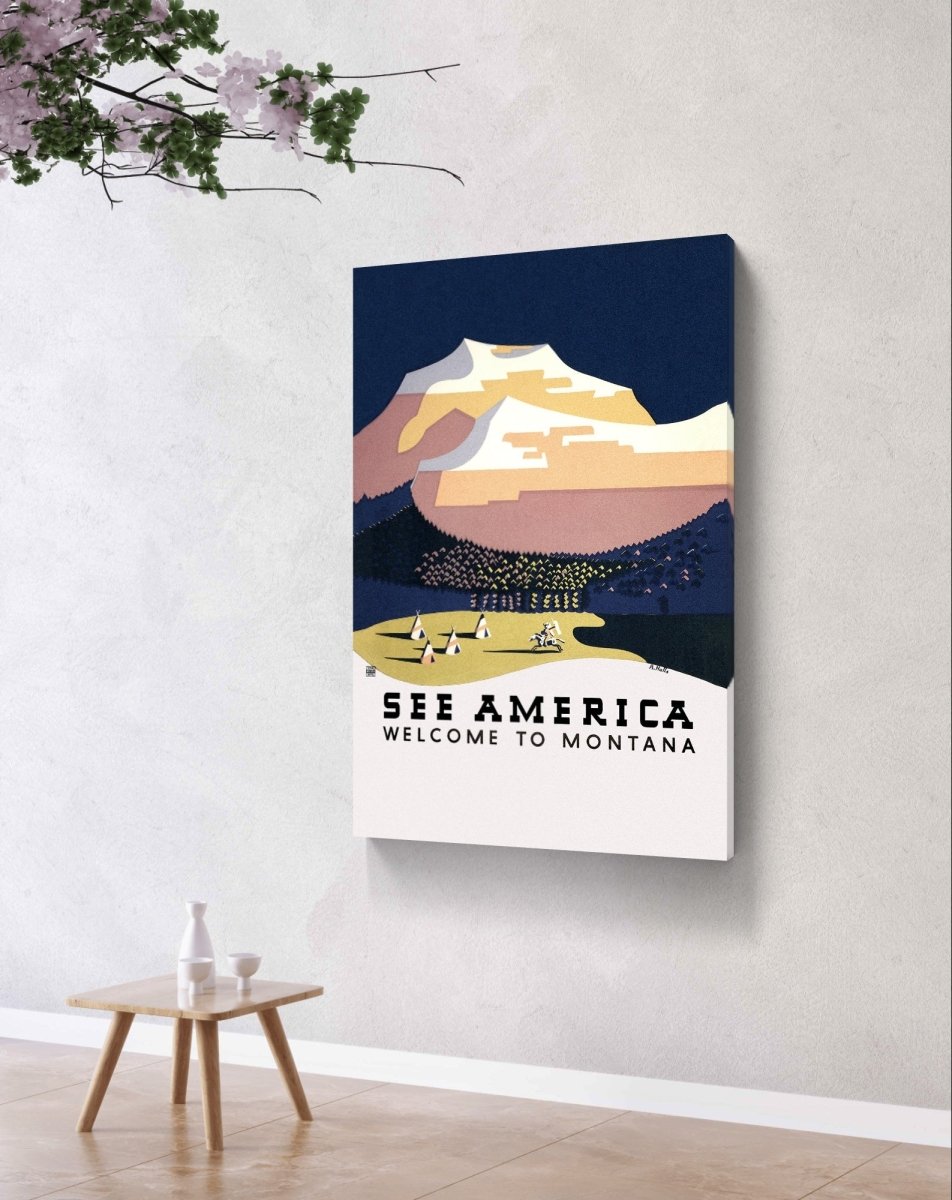 See America 🇺🇸 Welcome To Montana (1936) Vintage Travel Poster Canvas Print Picture Wall Art - 1X2565624 - Art Fever - Art Fever