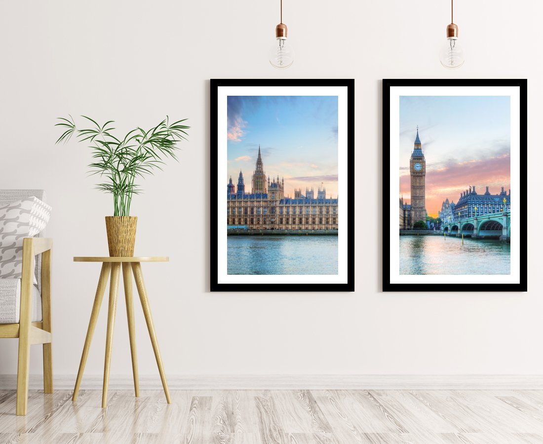 Set of 2 x Framed Mounted Prints of Big Ben In Westminster Palace On River Thames At Sunset - FP87 - Art Fever - Art Fever