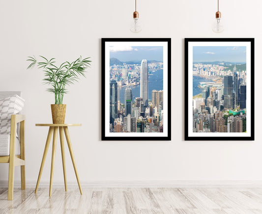 Set of 2 x Framed Mounted Prints of Hong Kong Skyline from the Peak - FP100 - Art Fever - Art Fever