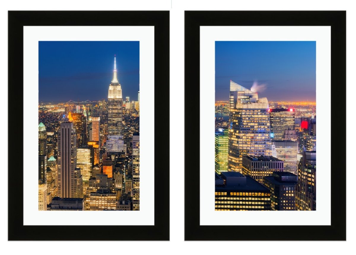 Set of 2 x Framed Mounted Prints of New York Night Skyline - FP98 - Art Fever - Art Fever