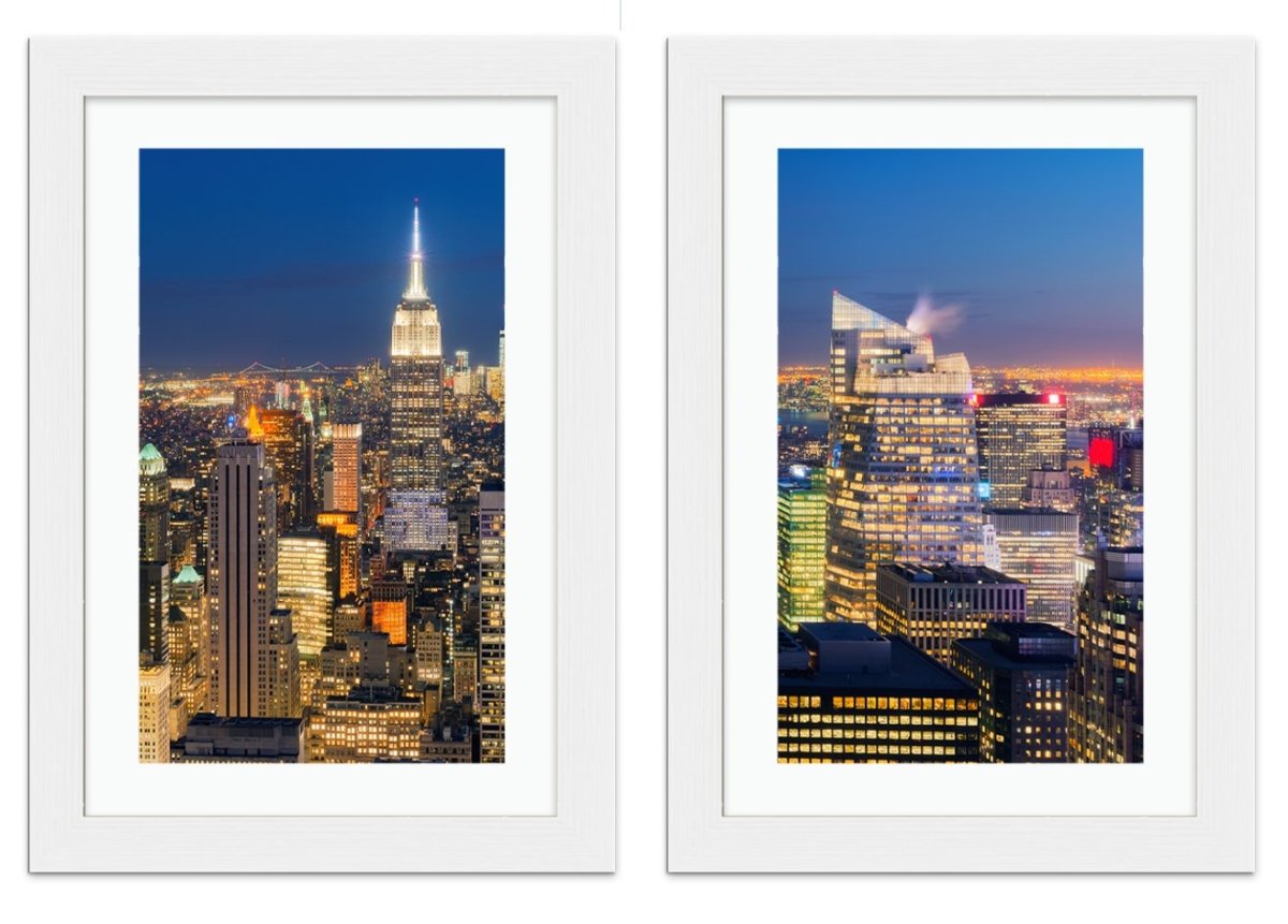 Set of 2 x Framed Mounted Prints of New York Night Skyline - FP98 - Art Fever - Art Fever