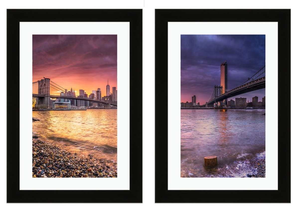 Set of 2 x Framed Mounted Prints of New York Skyline Reflection On The Hudson River - FP94 - Art Fever - Art Fever