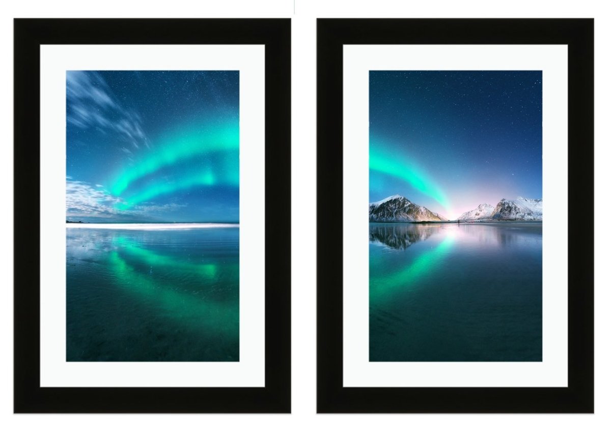 Set of 2 x Framed Mounted Prints of Northern Lights Reflection over Water - FP99 - Art Fever - Art Fever