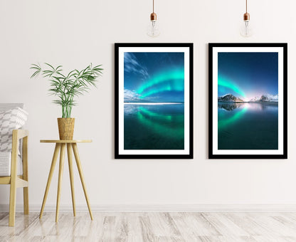 Set of 2 x Framed Mounted Prints of Northern Lights Reflection over Water - FP99 - Art Fever - Art Fever