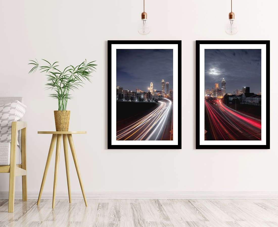 Set of 2 x Framed Mounted Prints of Panorama Of Atlanta City Night Skyline - FP97 - Art Fever - Art Fever