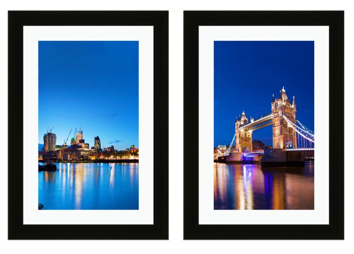 Set of 2 x Framed Mounted Prints of Panoramic Tower Bridge In London At Night - FP86 - Art Fever - Art Fever