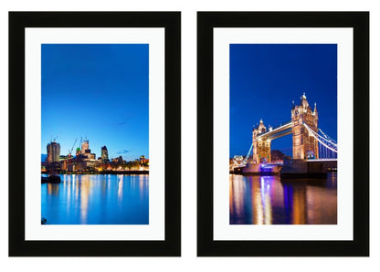 Set of 2 x Framed Mounted Prints of Panoramic Tower Bridge In London At Night - FP86 - Art Fever - Art Fever