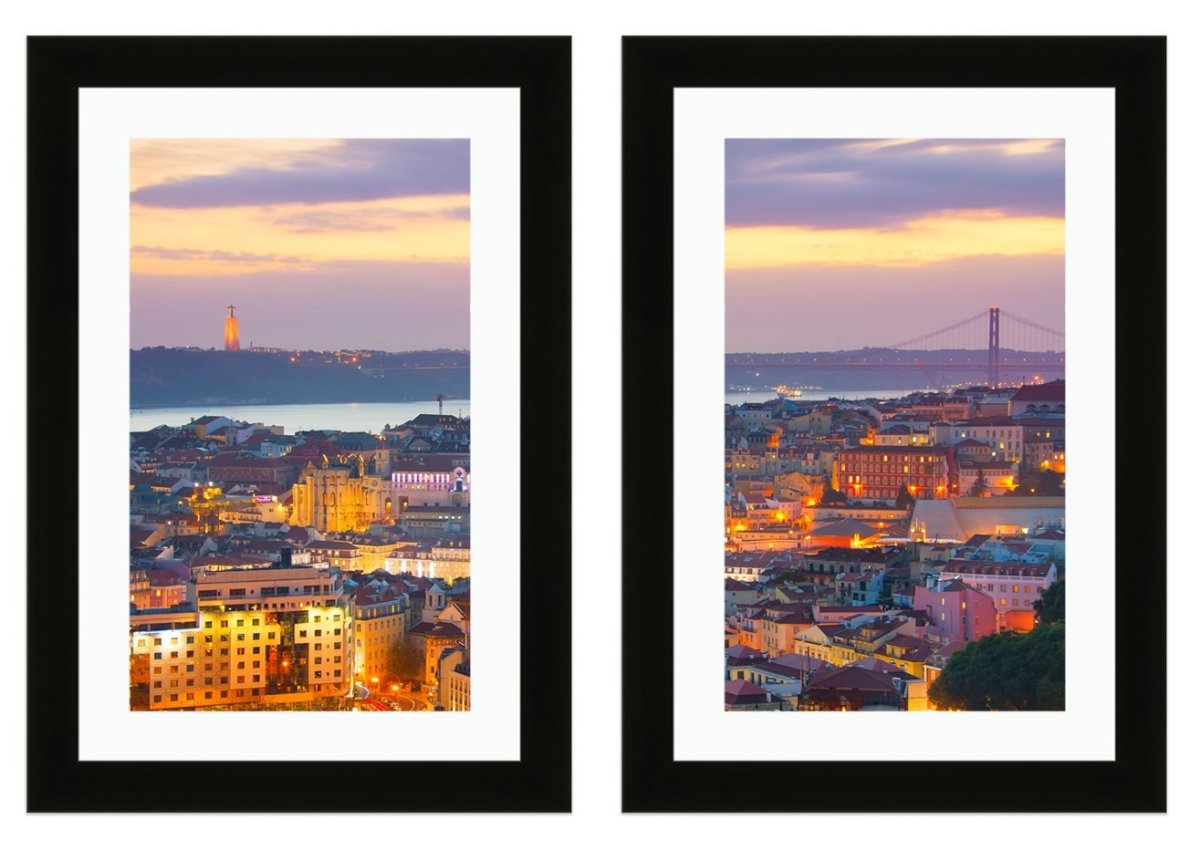 Set of 2 x Framed Mounted Prints of Panoramic View Of Beautiful Lisbon At Twilight. Portugal - FP84 - Art Fever - Art Fever