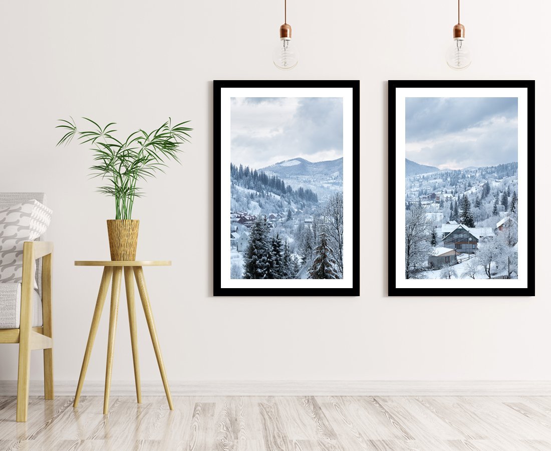 Set of 2 x Framed Mounted Prints of Village In The Winter Mountains Covered With Snow - FP101 - Art Fever - Art Fever