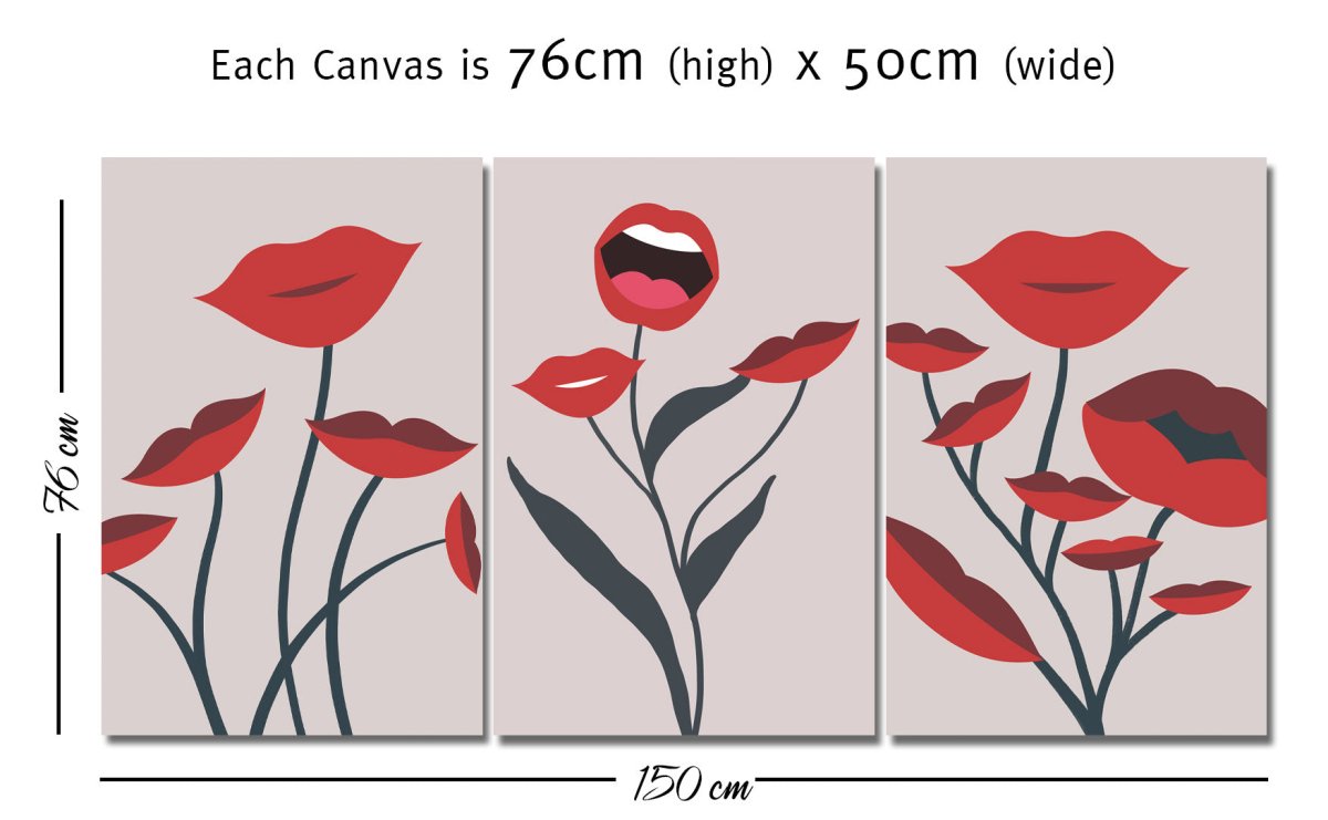 Singing Rose & Flower Lips Set of 3 Canvas Print Wall Art Pictures - 1X2632664 - Art Fever - Art Fever
