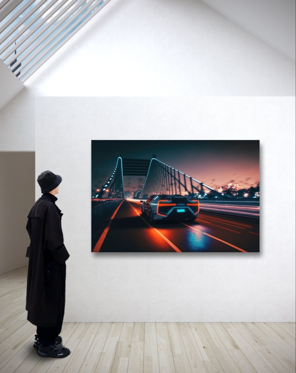Sports Car on the Bridge 🏎️ Pop Art Neon Style Ai Illustration Canvas Print Picture Wall Art - SPC224 - Art Fever - Art Fever