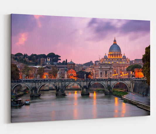 Tiber River and Saint Peter Cathedral, Evening in Rome Printed Canvas Print Picture - SPC158 - Art Fever - Art Fever