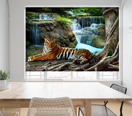 Tiger Lying Under Banyan tree next to jungle cascade Printed Picture Photo Roller Blind - RB712 - Art Fever - Art Fever