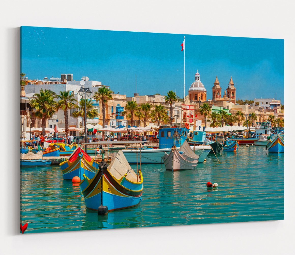 Traditional Eyed Boats In Malta Harbour Printed Canvas Print Picture - SPC162 - Art Fever - Art Fever