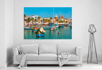 Traditional Eyed Boats In Malta Harbour Printed Canvas Print Picture - SPC162 - Art Fever - Art Fever
