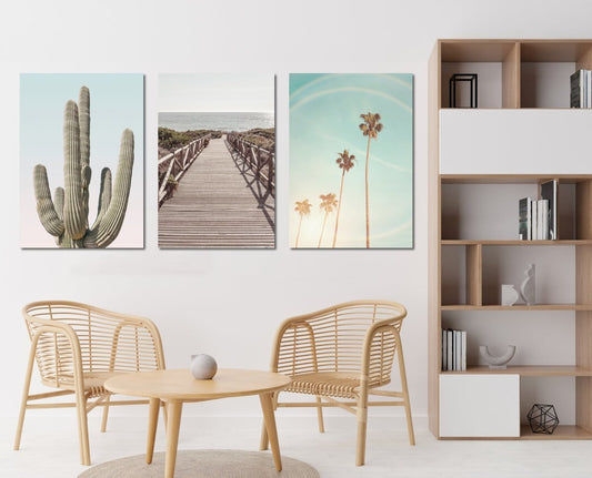 Tropical Palm Cacti Beach Scene Set of 3 Canvas Print Wall Art Pictures - 1X2402525 - Art Fever - Art Fever