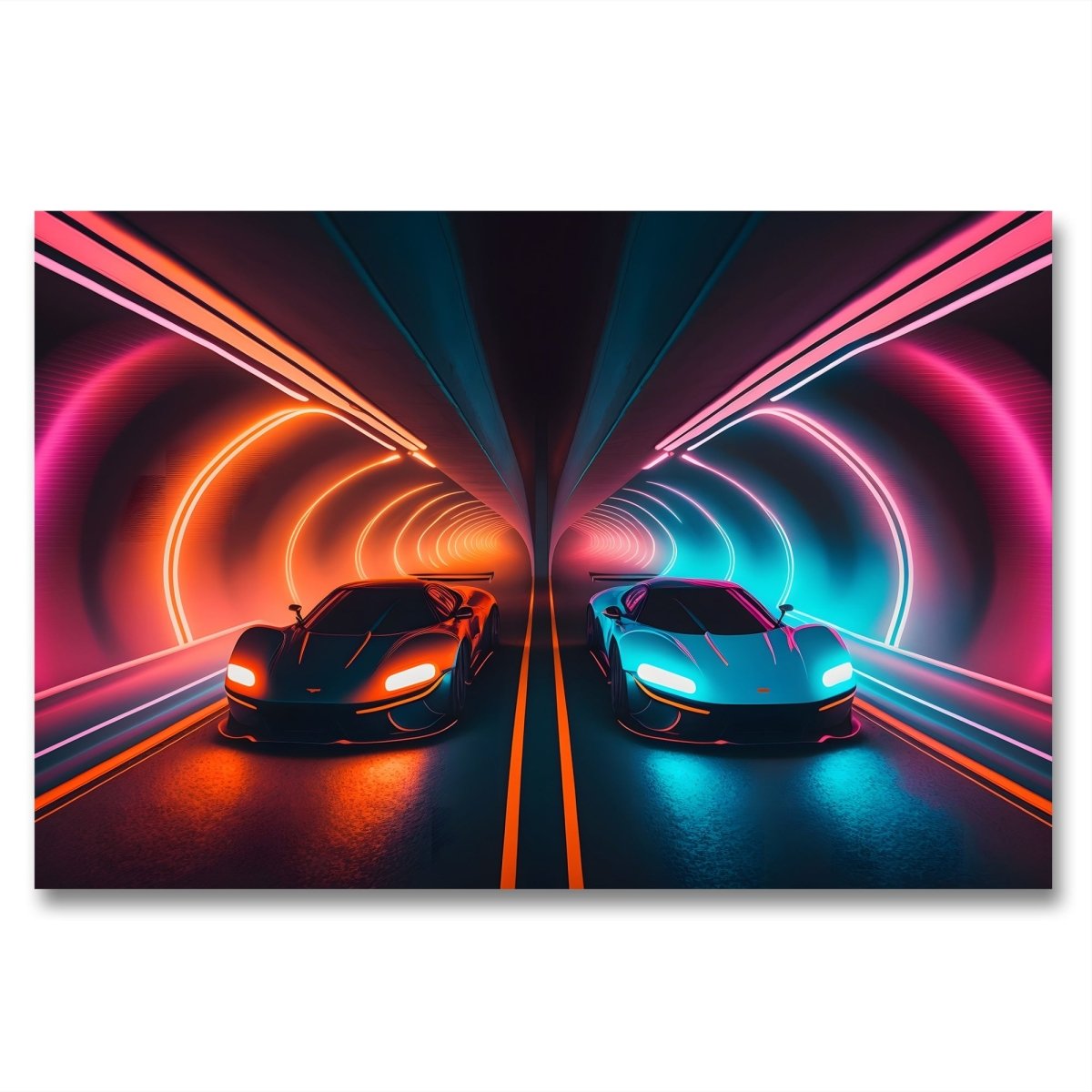 Two Sports cars through the neon Tunnel Ai Illustration Canvas Print Picture Wall Art - SPC220 - Art Fever - Art Fever