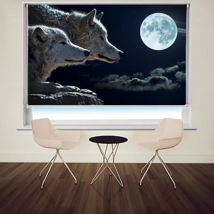Two Wolves under the Full Moon Printed Picture Photo Roller Blind - RB679 - Art Fever - Art Fever
