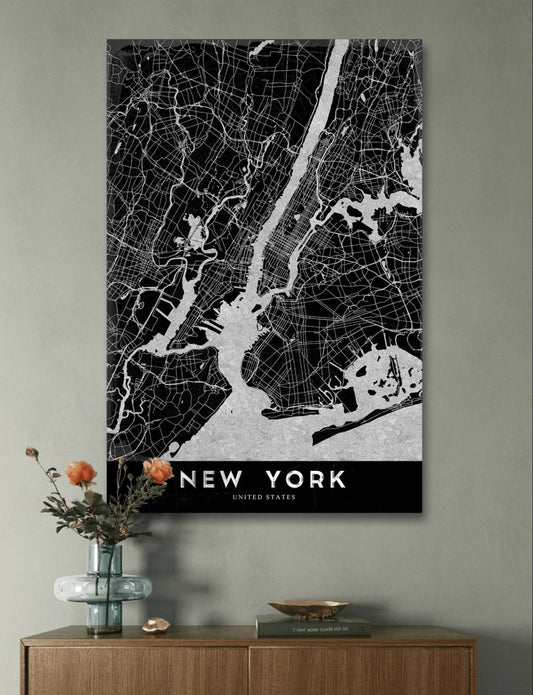 Vintage Map of New York Monochrome Canvas Print Wall Art Picture - 1X2375809 - Art Fever - Art Fever