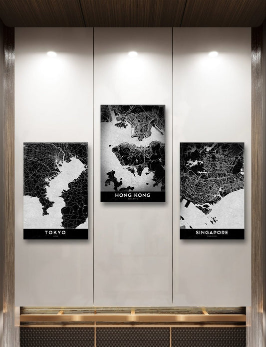 Vintage Monochrome Map of Hong Kong, Singapore & Tokyo Set of 3 Canvas Print Wall Art Pictures - 1X2388924 - Art Fever - Art Fever