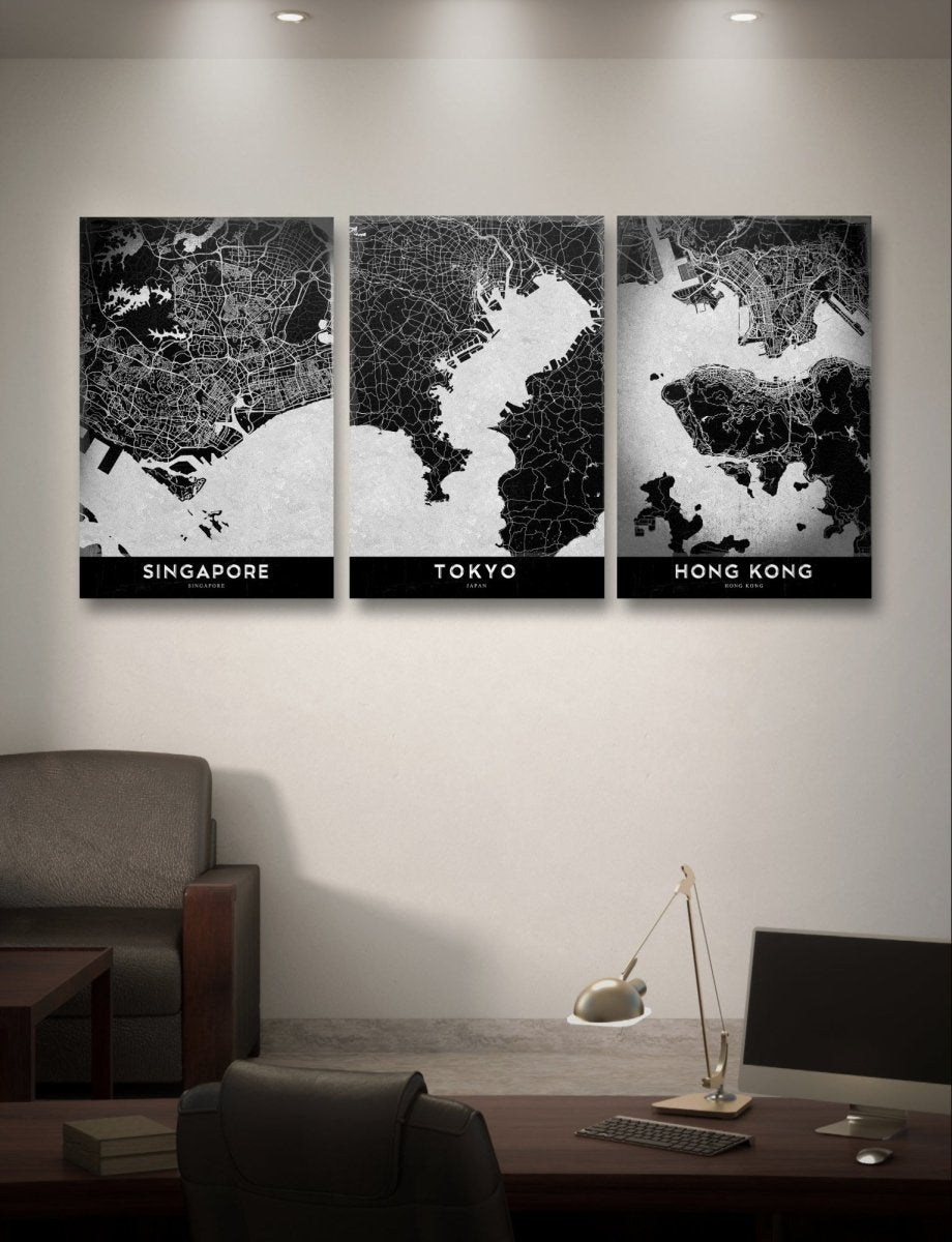 Vintage Monochrome Map of Hong Kong, Singapore & Tokyo Set of 3 Canvas Print Wall Art Pictures - 1X2388924 - Art Fever - Art Fever