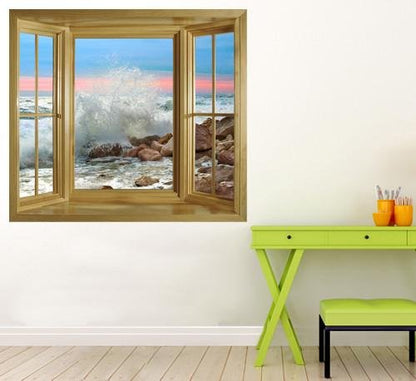 WIM148 - Crashing waves sunset beach scene window view mural - Art Fever - Art Fever