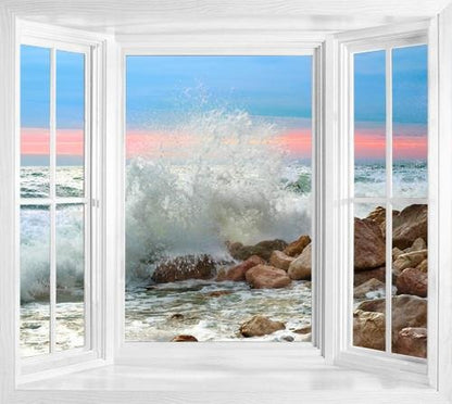 WIM148 - Crashing waves sunset beach scene window view mural - Art Fever - Art Fever
