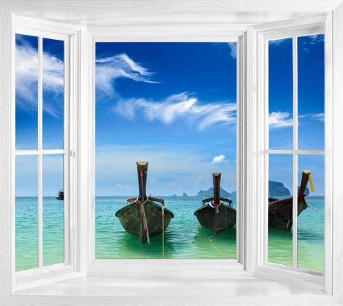 WIM155 - Window frame wall mural view of long tail boats on a tropical Thailand beach - Art Fever - Art Fever
