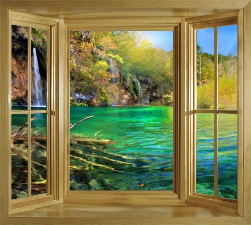 WIM156 - Window frame wall mural view of waterfall in Plitvice Lakes, Croatia - Art Fever - Art Fever