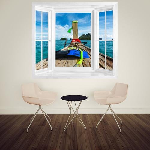 WIM234 - Window frame wall mural view of a Long boat in Thailand - Art Fever - Art Fever
