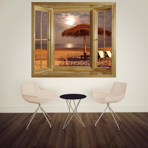 WIM242 - Window frame wall mural view of sunset beach beds under a palm parasol - Art Fever - Art Fever