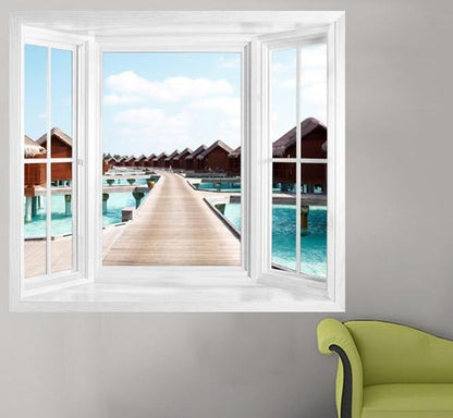 WIM244 - Window frame wall mural view of tropical villas on the sea - Art Fever - Art Fever