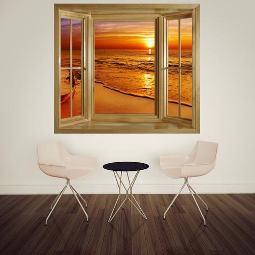 WIM245 - Window frame wall mural view of tropical golden beach sunset - Art Fever - Art Fever