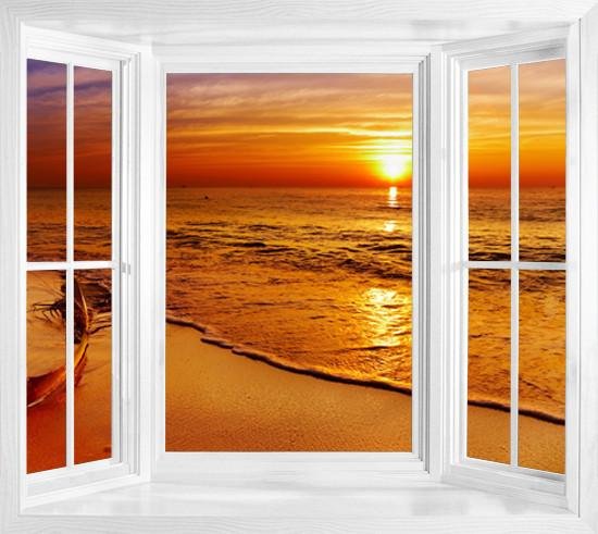 WIM245 - Window frame wall mural view of tropical golden beach sunset - Art Fever - Art Fever