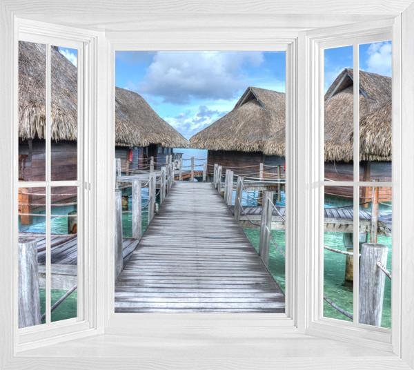 WIM254 - Window Mural view of the Beach Huts in Bora Bora - Art Fever - Art Fever