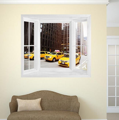 WIM272 - Taxi! View of the New York cabs Window Frame Mural - Art Fever - Art Fever
