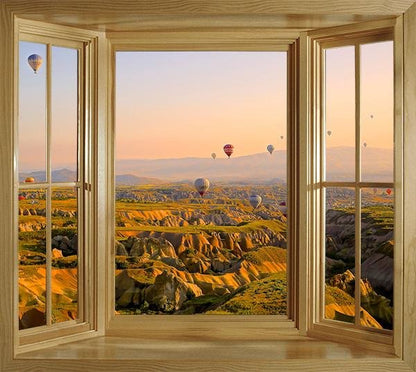 WIM300 - Air balloons over the landscape window frame view wall mural - Art Fever - Art Fever