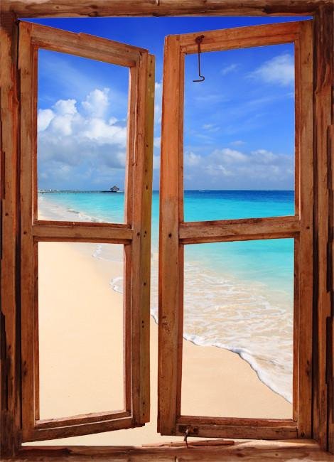 WIM83 - window frame mural view Caribbean Tropical Turquoise Beach - Art Fever - Art Fever